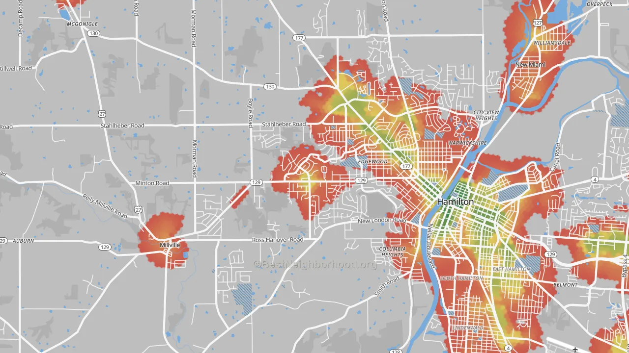 Walk Grade map of 45013, OH, walkable areas in green and car-dependent areas in red