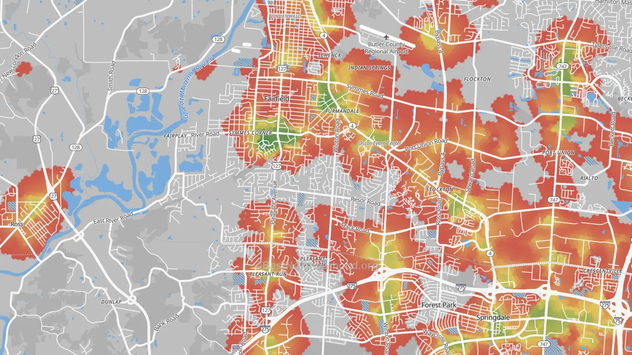 Walk Grade map of 45014, OH, walkable areas in green and car-dependent areas in red
