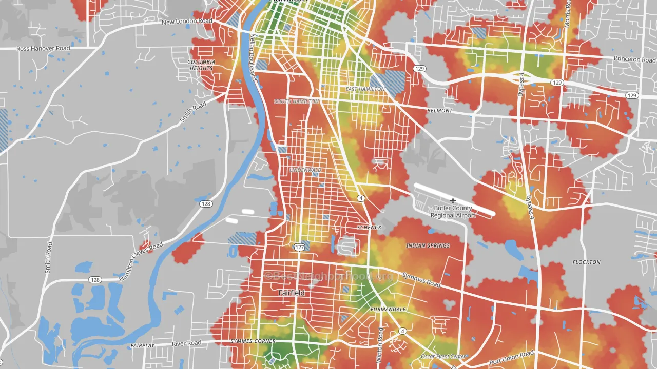 Walk Grade map of 45015, OH, walkable areas in green and car-dependent areas in red
