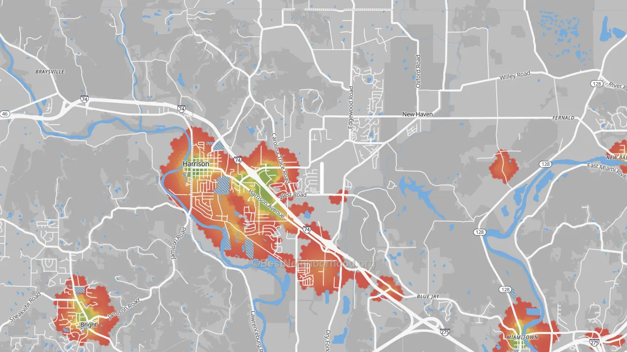 Walk Grade map of 45030, OH, walkable areas in green and car-dependent areas in red