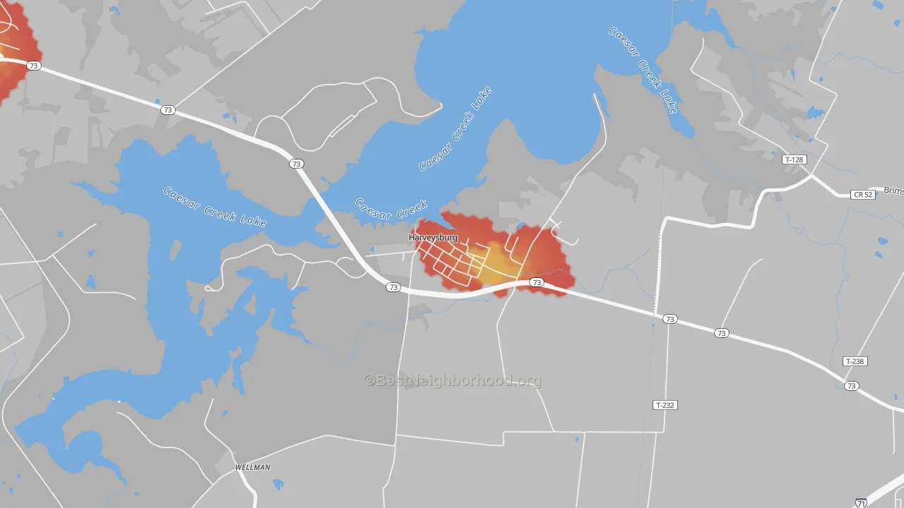 Walk Grade map of 45032, OH, walkable areas in green and car-dependent areas in red