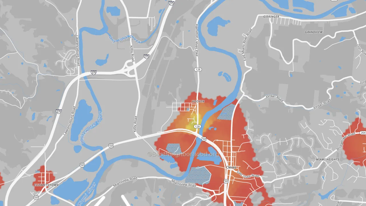 Walk Grade map of 45033, OH, walkable areas in green and car-dependent areas in red