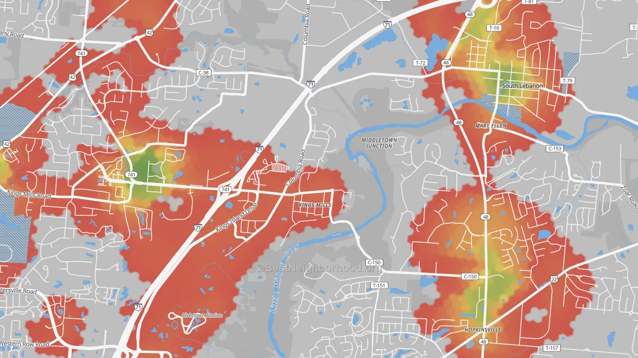 Walk Grade map of 45034, OH, walkable areas in green and car-dependent areas in red