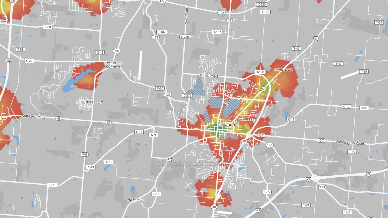 Walk Grade map of 45036, OH, walkable areas in green and car-dependent areas in red