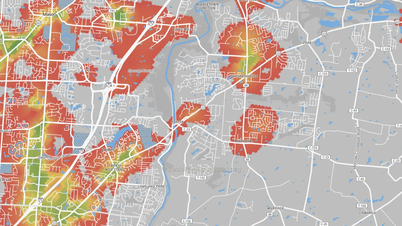 Walk Grade map of 45039, OH, walkable areas in green and car-dependent areas in red