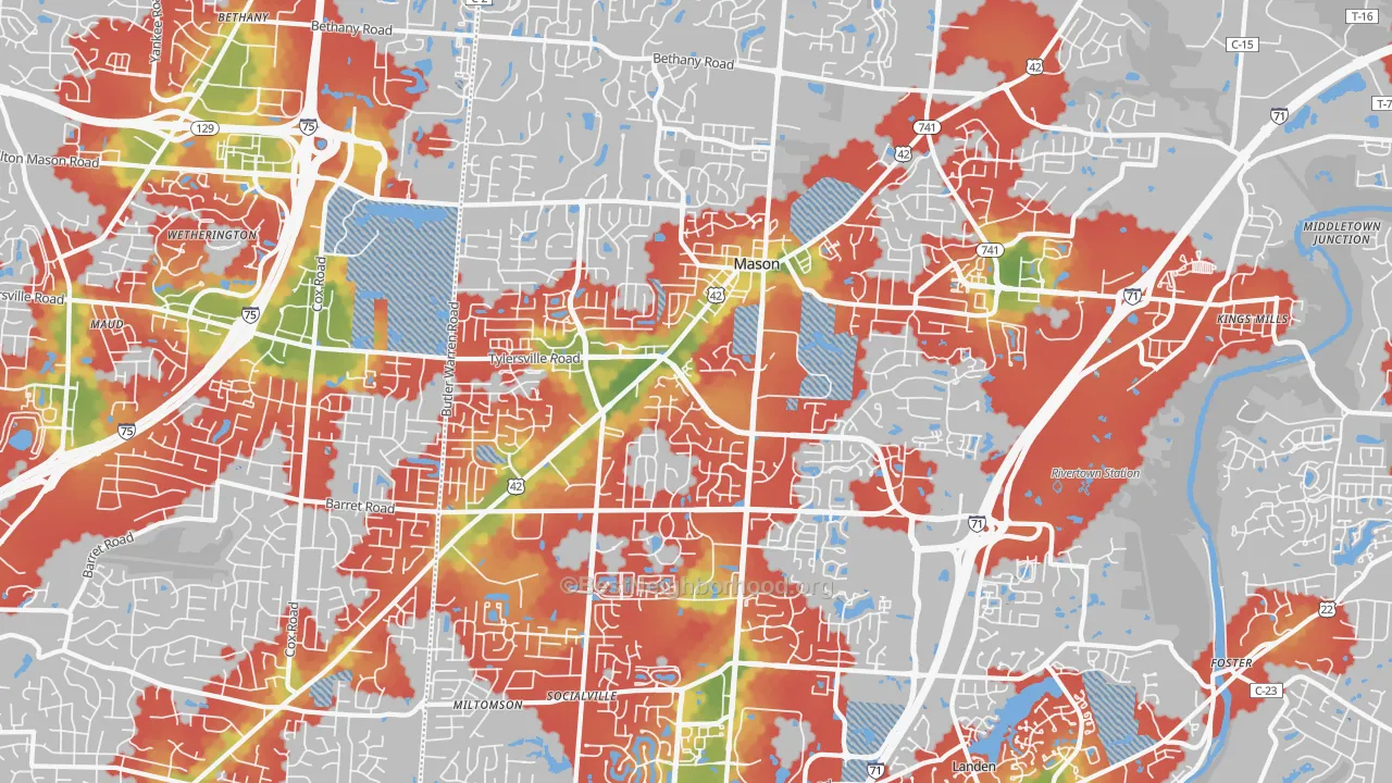 Walk Grade map of 45040, OH, walkable areas in green and car-dependent areas in red