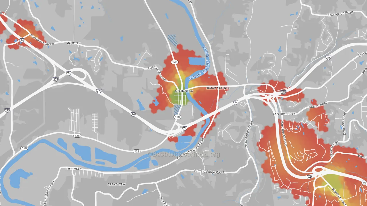 Walk Grade map of 45041, OH, walkable areas in green and car-dependent areas in red