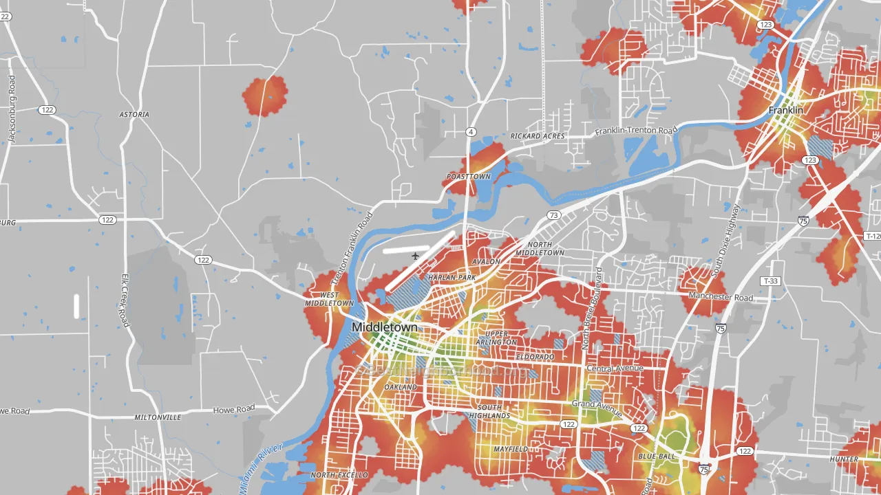 Walk Grade map of 45042, OH, walkable areas in green and car-dependent areas in red