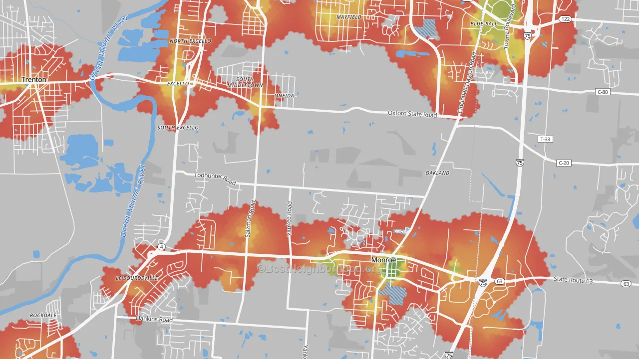 Walk Grade map of 45044, OH, walkable areas in green and car-dependent areas in red