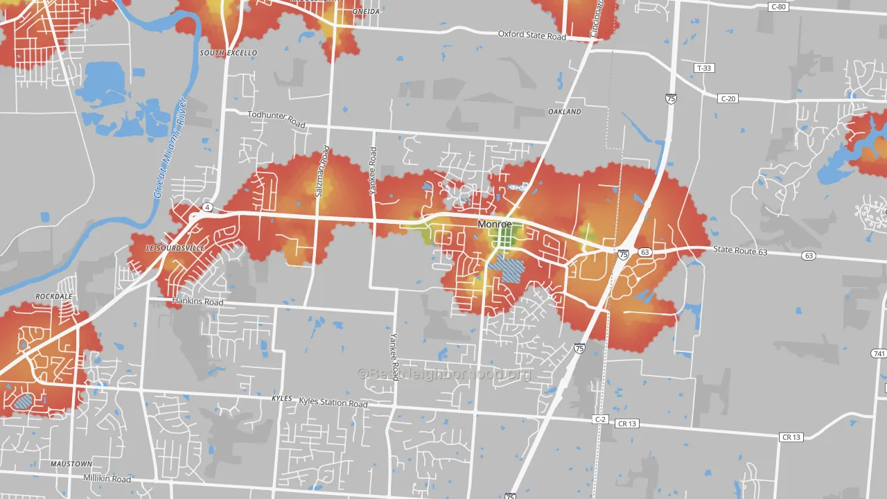 Walk Grade map of 45050, OH, walkable areas in green and car-dependent areas in red