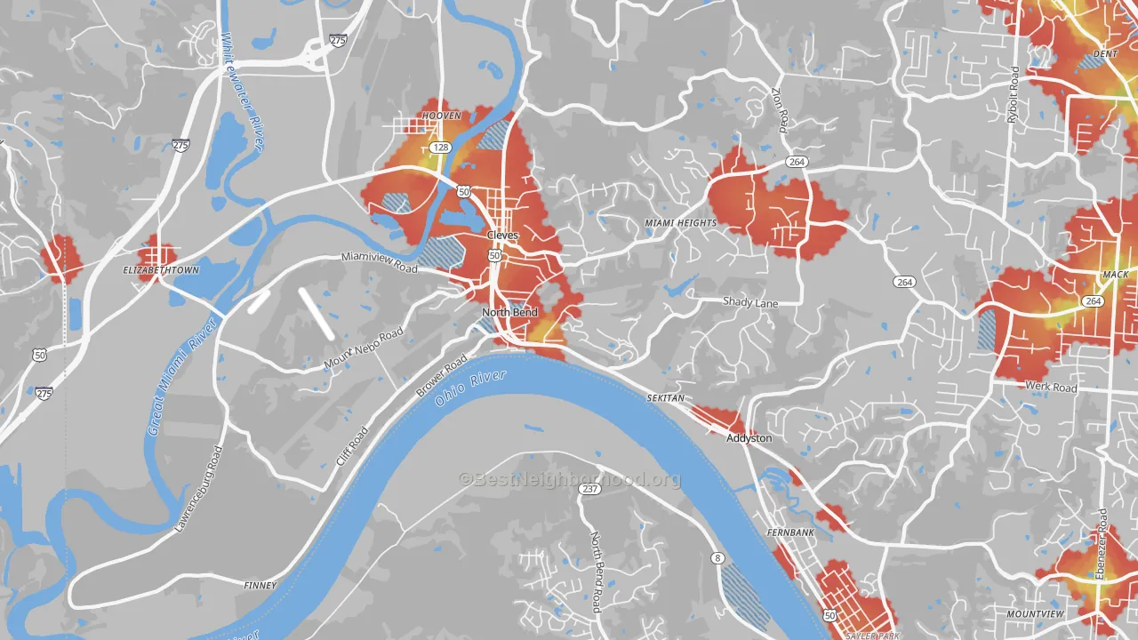 Walk Grade map of 45052, OH, walkable areas in green and car-dependent areas in red