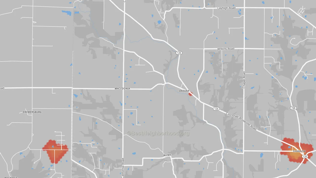 Walk Grade map of 45053, OH, walkable areas in green and car-dependent areas in red