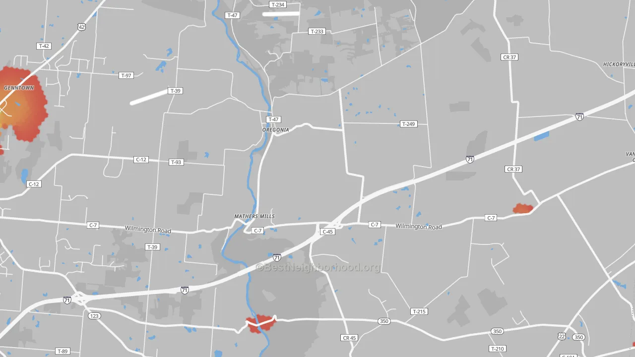 Walk Grade map of 45054, OH, walkable areas in green and car-dependent areas in red
