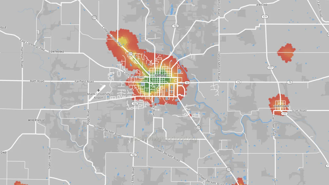 Walk Grade map of 45056, OH, walkable areas in green and car-dependent areas in red