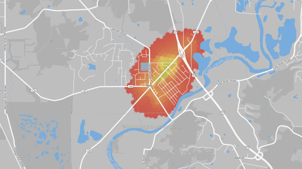 Walk Grade map of 45061, OH, walkable areas in green and car-dependent areas in red