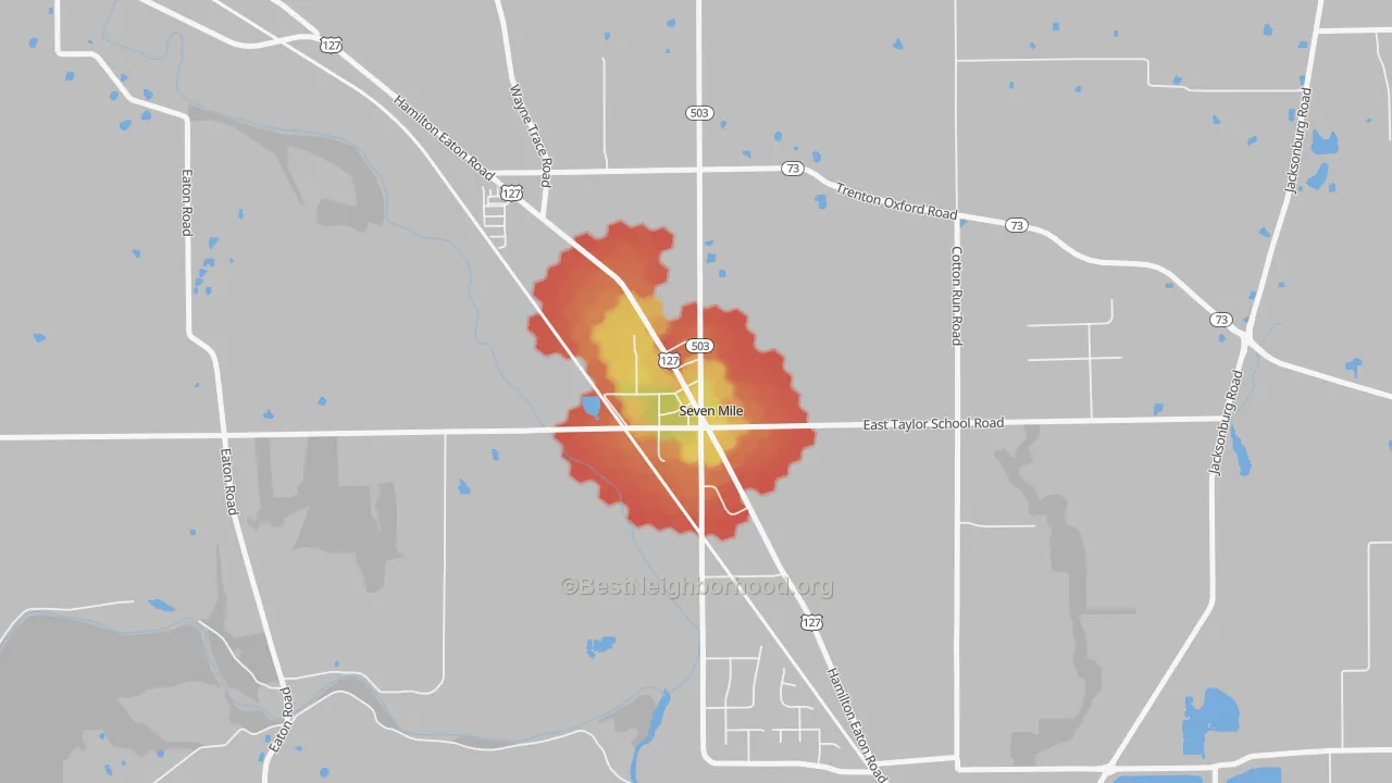 Walk Grade map of 45062, OH, walkable areas in green and car-dependent areas in red