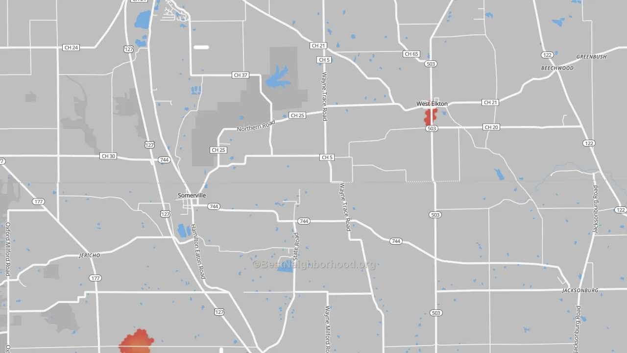 Walk Grade map of 45064, OH, walkable areas in green and car-dependent areas in red