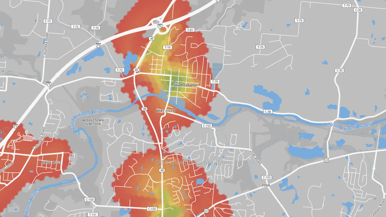 Walk Grade map of 45065, OH, walkable areas in green and car-dependent areas in red