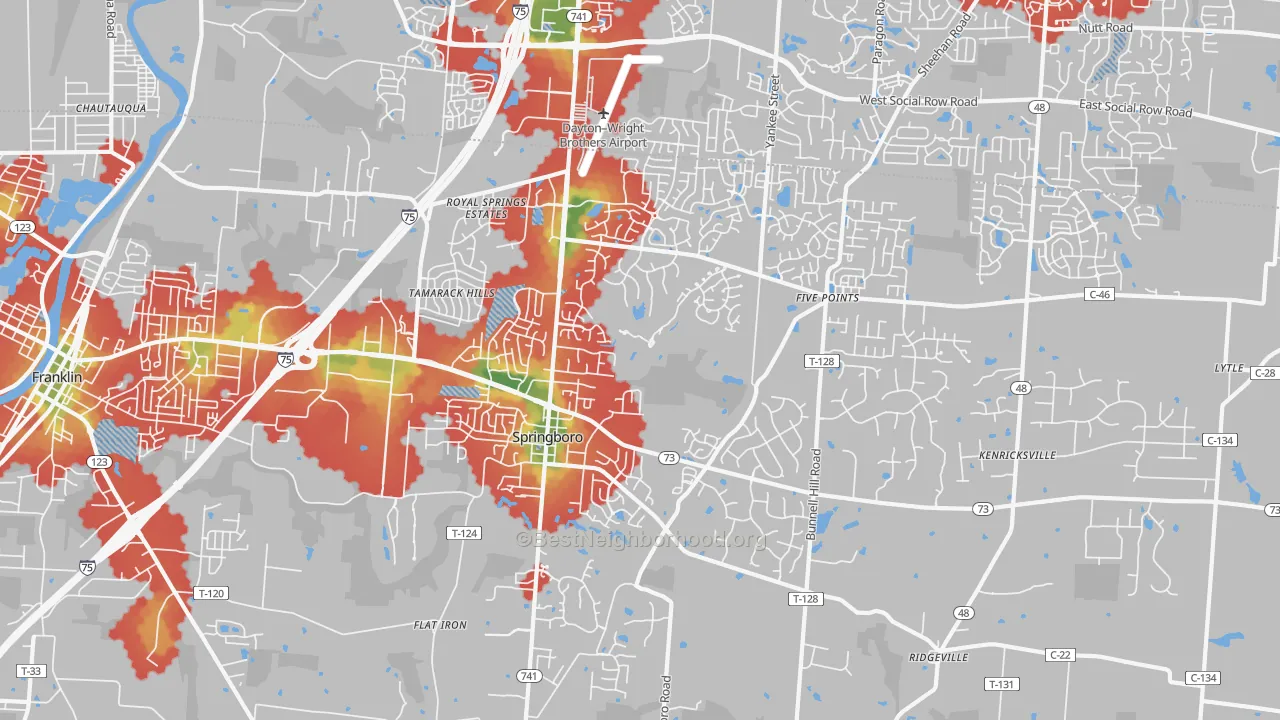 Walk Grade map of 45066, OH, walkable areas in green and car-dependent areas in red