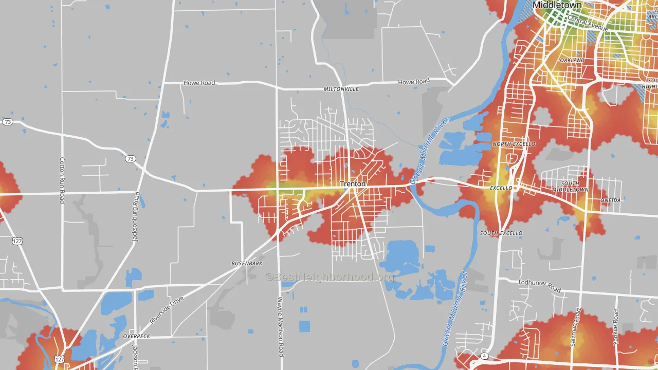 Walk Grade map of 45067, OH, walkable areas in green and car-dependent areas in red