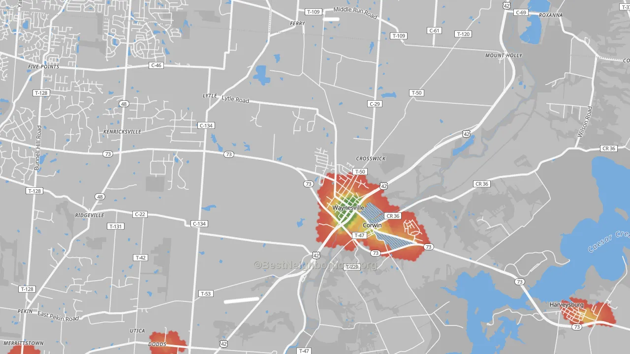 Walk Grade map of 45068, OH, walkable areas in green and car-dependent areas in red
