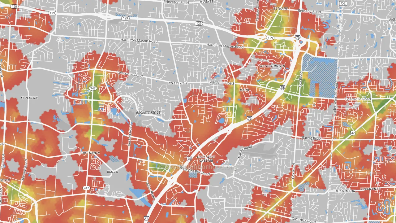 Walk Grade map of 45069, OH, walkable areas in green and car-dependent areas in red