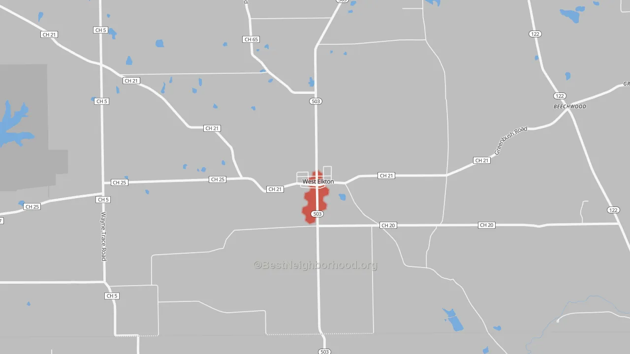 Walk Grade map of 45070, OH, walkable areas in green and car-dependent areas in red