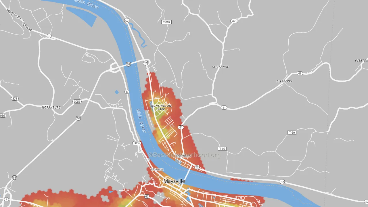 Walk Grade map of 45101, OH, walkable areas in green and car-dependent areas in red