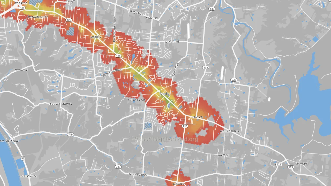 Walk Grade map of 45102, OH, walkable areas in green and car-dependent areas in red