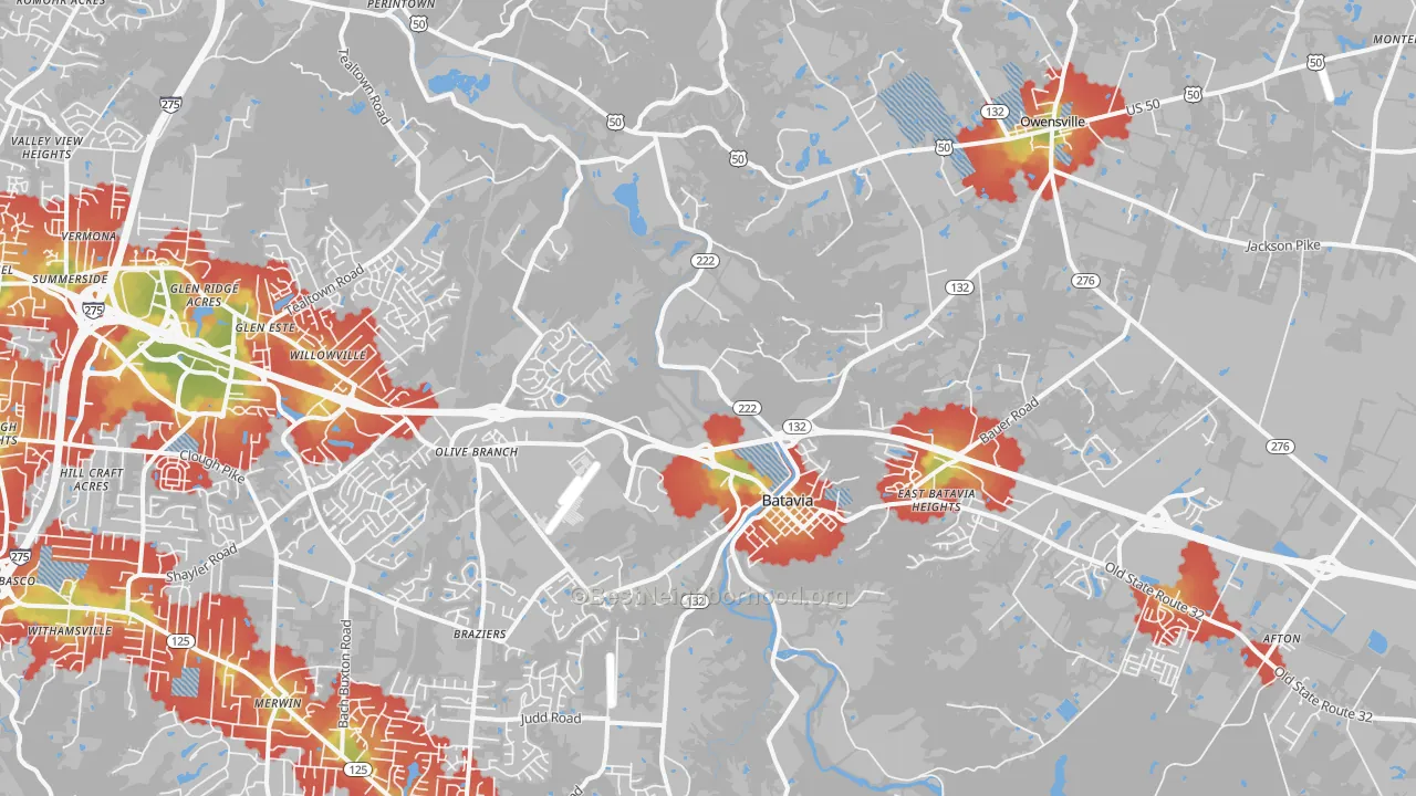 Walk Grade map of 45103, OH, walkable areas in green and car-dependent areas in red