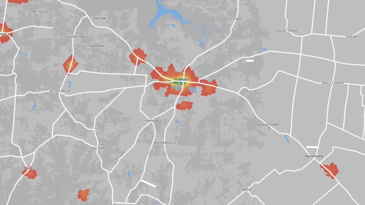 Walk Grade map of 45106, OH, walkable areas in green and car-dependent areas in red