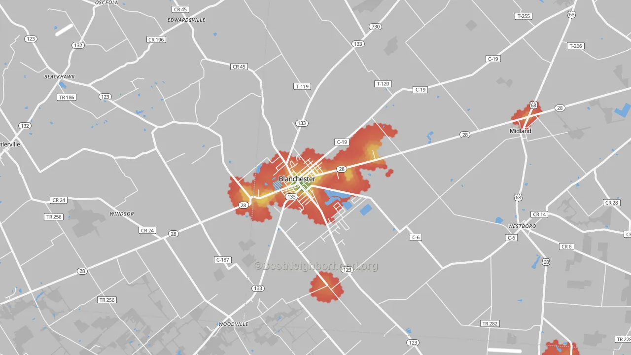 Walk Grade map of 45107, OH, walkable areas in green and car-dependent areas in red