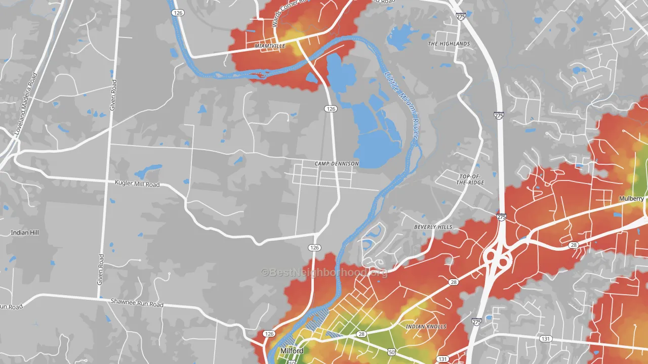 Walk Grade map of 45111, OH, walkable areas in green and car-dependent areas in red