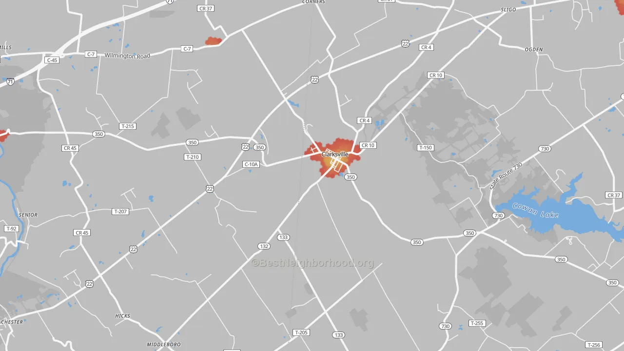 Walk Grade map of 45113, OH, walkable areas in green and car-dependent areas in red