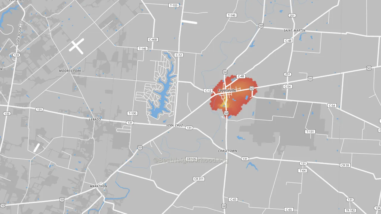 Walk Grade map of 45118, OH, walkable areas in green and car-dependent areas in red