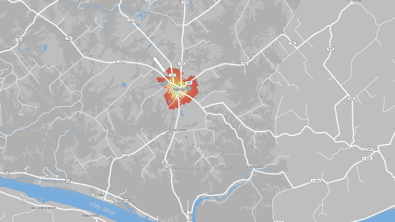 Walk Grade map of 45120, OH, walkable areas in green and car-dependent areas in red