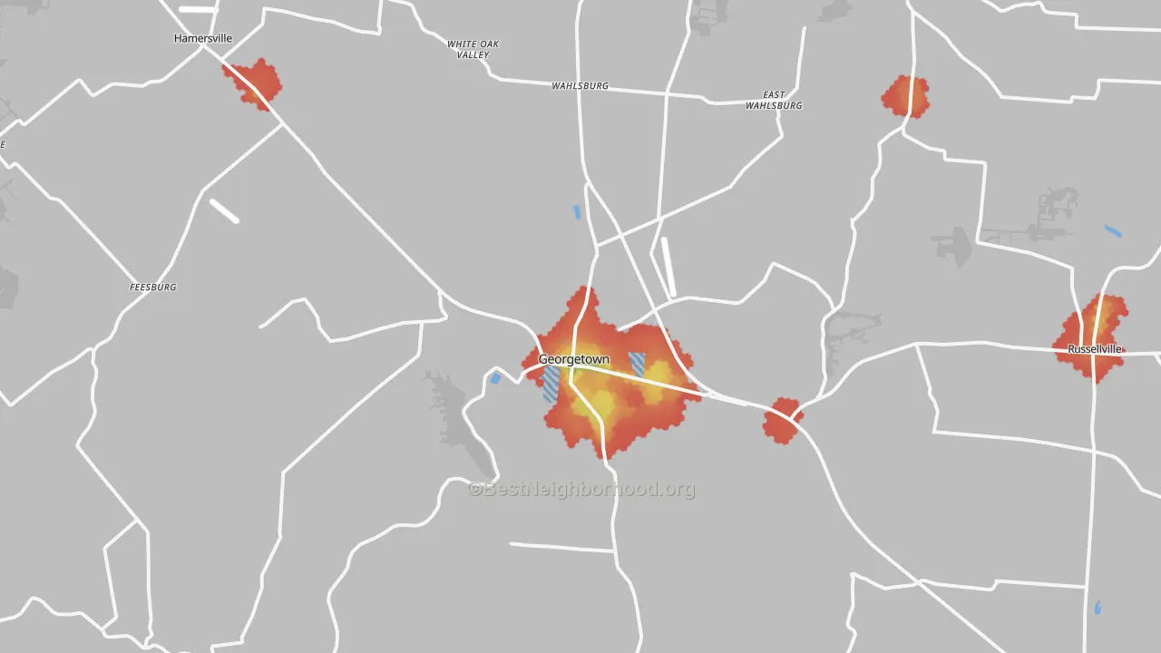 Walk Grade map of 45121, OH, walkable areas in green and car-dependent areas in red