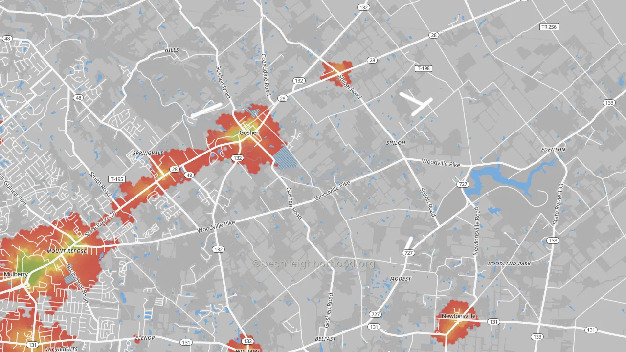 Walk Grade map of 45122, OH, walkable areas in green and car-dependent areas in red