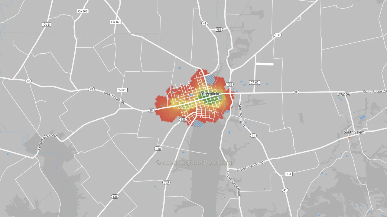 Walk Grade map of 45123, OH, walkable areas in green and car-dependent areas in red