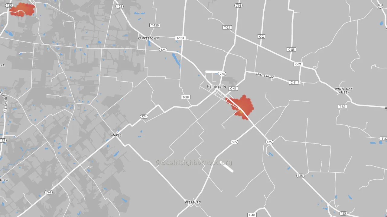 Walk Grade map of 45130, OH, walkable areas in green and car-dependent areas in red