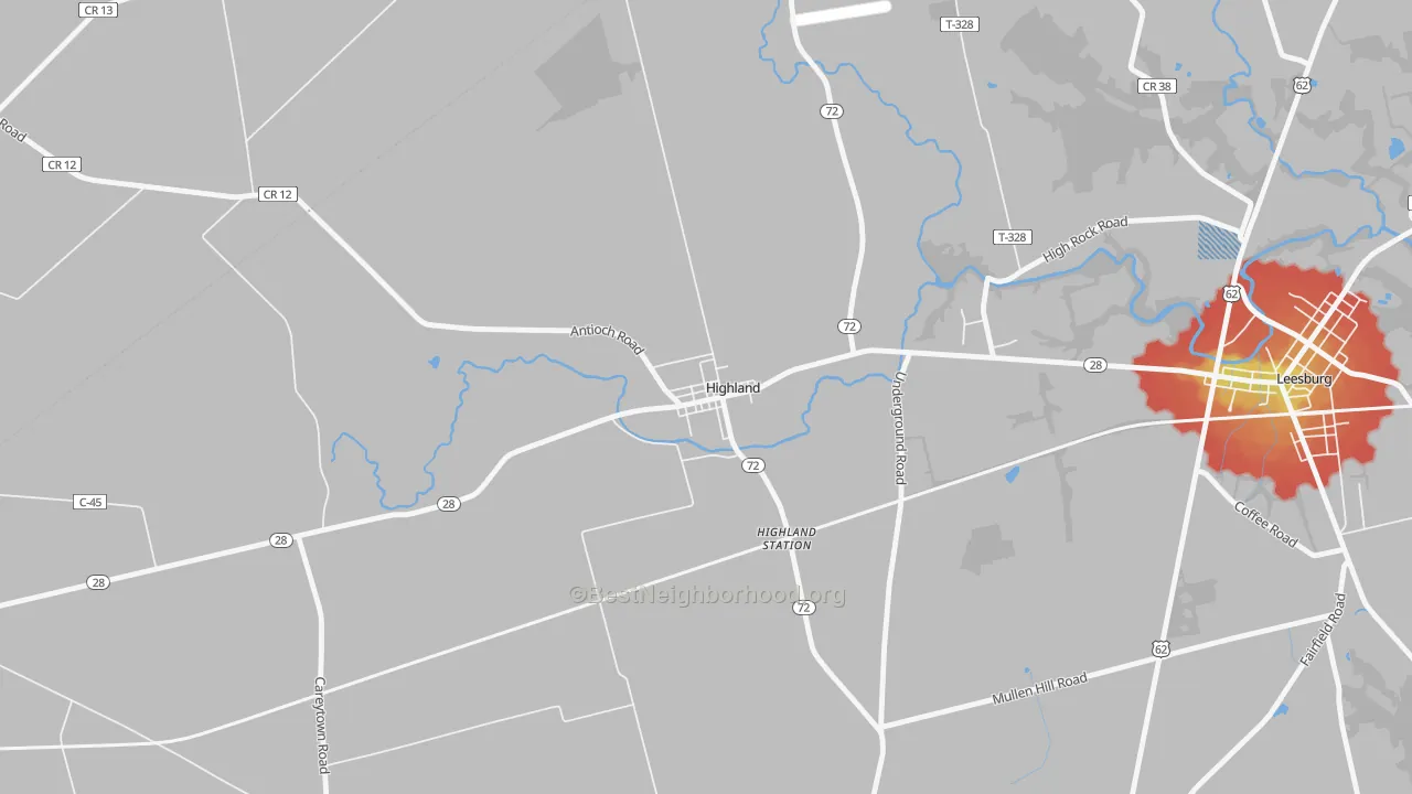 Walk Grade map of 45132, OH, walkable areas in green and car-dependent areas in red