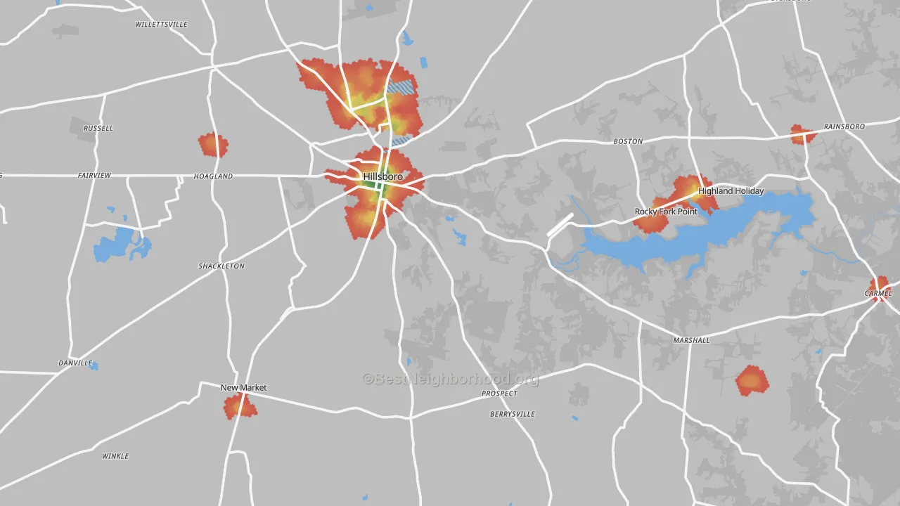 Walk Grade map of 45133, OH, walkable areas in green and car-dependent areas in red