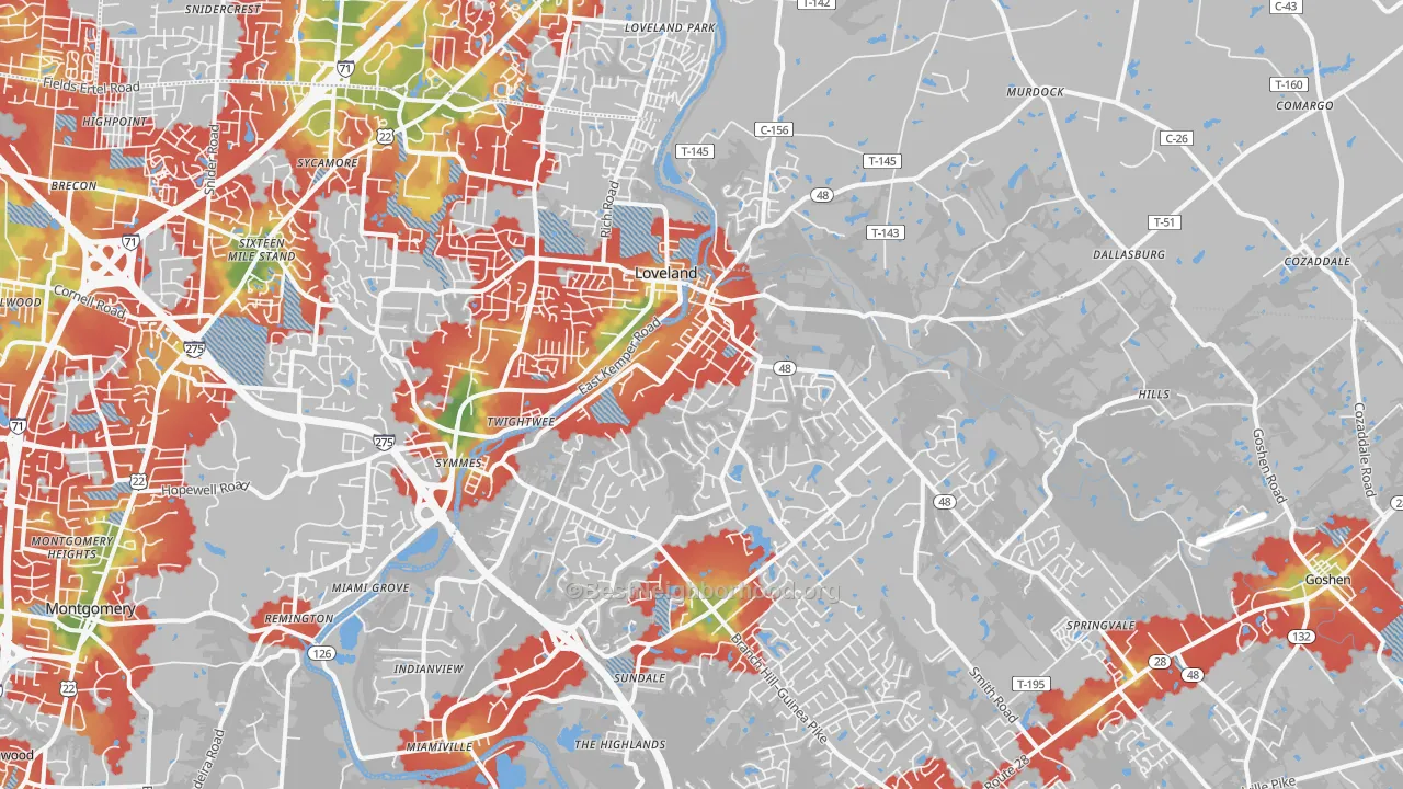 Walk Grade map of 45140, OH, walkable areas in green and car-dependent areas in red