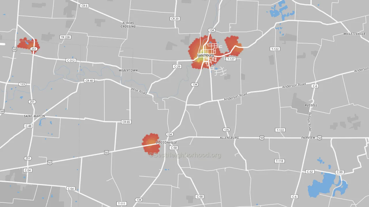 Walk Grade map of 45142, OH, walkable areas in green and car-dependent areas in red