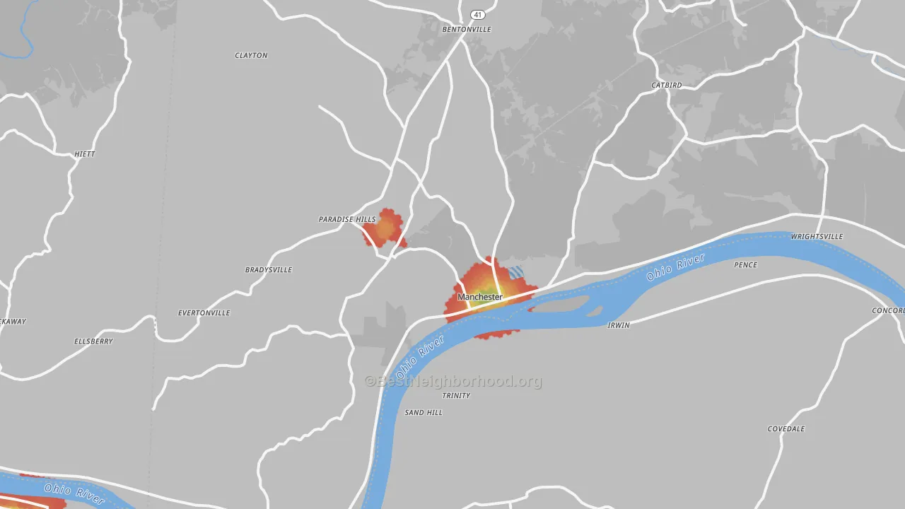 Walk Grade map of 45144, OH, walkable areas in green and car-dependent areas in red