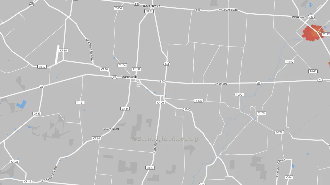 Walk Grade map of 45146, OH, walkable areas in green and car-dependent areas in red