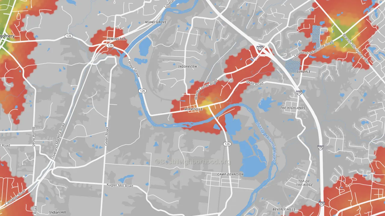 Walk Grade map of 45147, OH, walkable areas in green and car-dependent areas in red