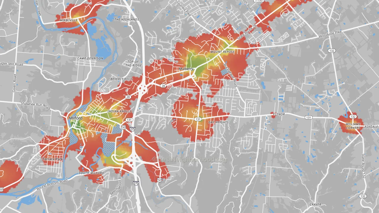 Walk Grade map of 45150, OH, walkable areas in green and car-dependent areas in red