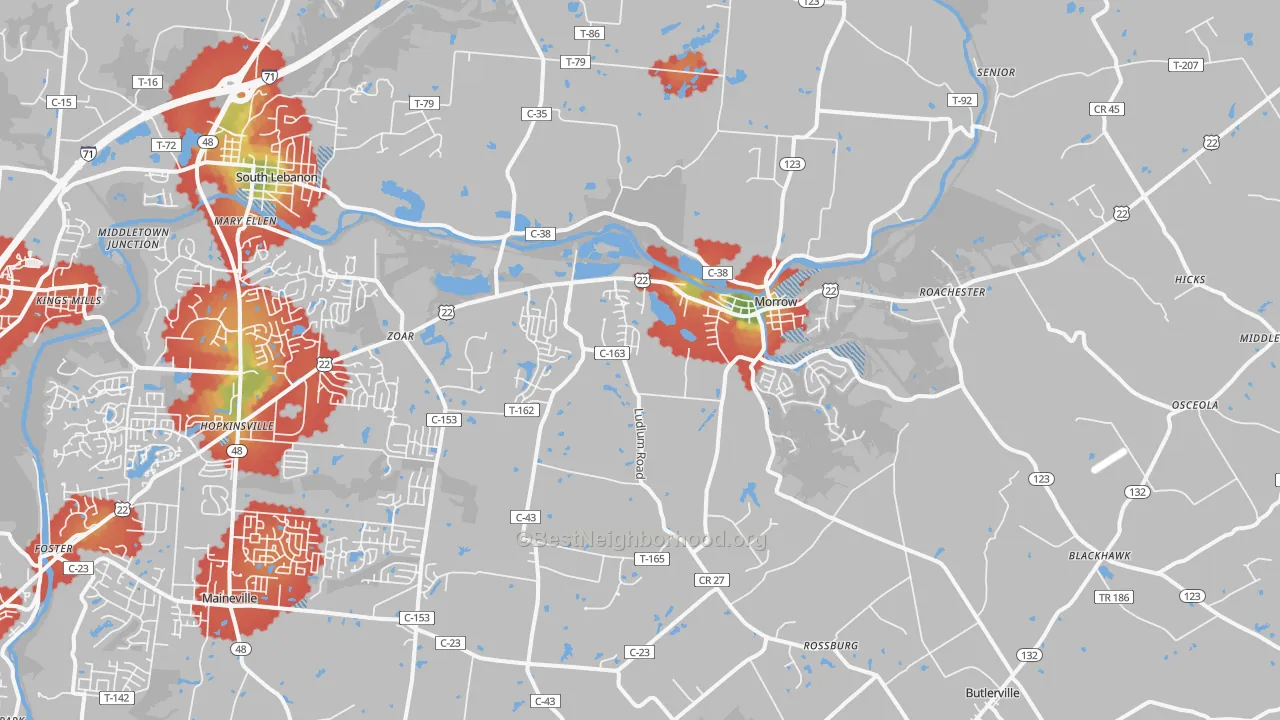 Walk Grade map of 45152, OH, walkable areas in green and car-dependent areas in red