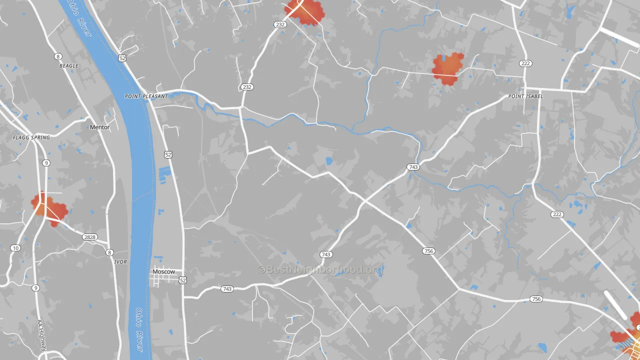 Walk Grade map of 45153, OH, walkable areas in green and car-dependent areas in red